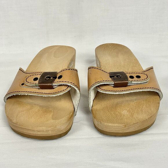 Dr Scholls Original Collection Clog Sandal Sz 6 Tan Leather Wooden Heel Shoe - Picture 2 of 10